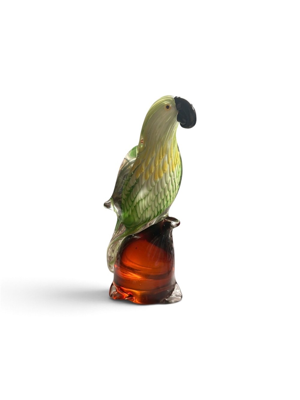 Hand-Blown Green & Yellow Glass Parrot Figurine on Amber Base